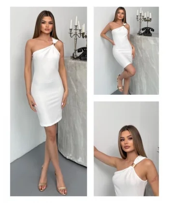 Kadın Ottoman Kumaş Tek Omuz Askılı Toka Detaylı Mini Boy Elbise