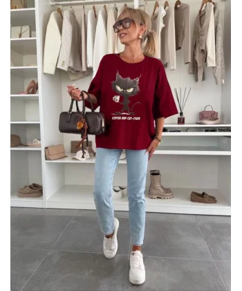 Kadın Oversize Baskılı Kedi Desenli Tişört