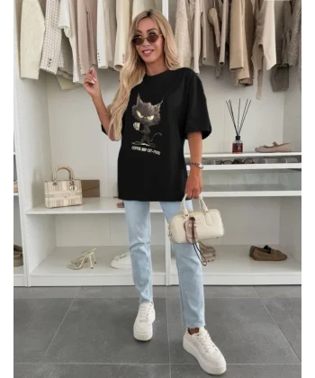 Kadın Oversize Baskılı Kedi Desenli Tişört