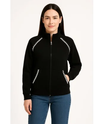 Kadın Oversize Dik Yaka Fermuarlı Sweatshirt - Zincir Nakışli Kanguru Cepli, - Siyah