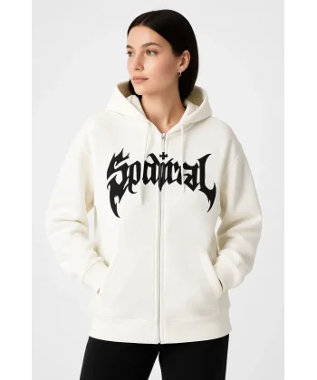 Kadın Kapüşonlu 3 İplik Şardonlu Önü Baskılı Fermuarlı Oversize Sweatshirt - Beyaz