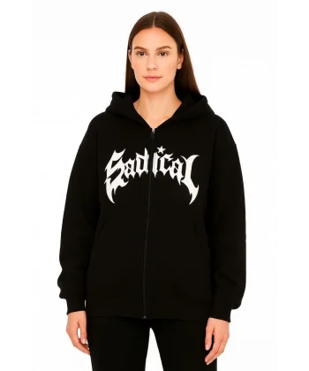 Kadın Kapüşonlu 3 İplik Şardonlu Önü Baskılı Fermuarlı Oversize Sweatshirt - Siyah