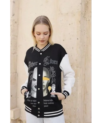 Kadın Oversize Kolej Tarzı Sweatshirt – 3 İplik İçi Pamuklu, Baskılı, Rahat Günlük Ceket - Siyah