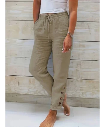 Kadın Paçası Güpür Detay Beli Lastikli Keten Pantolon