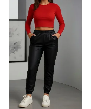 Kadın Paçası Lastikli Cep Detaylı Deri Tayt