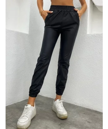 Kadın Paçası Lastikli Cep Detaylı Deri Tayt Pantolon