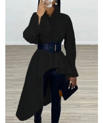 Kadın Pamuk Polyester Kumaş, Asimetrik Kesim Gömlek (Kemer Dahil)