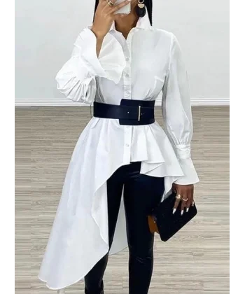 Kadın Pamuk Polyester Kumaş, Asimetrik Kesim Gömlek (Kemer Dahil)