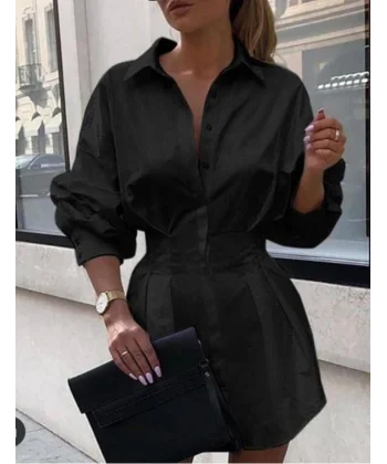 Kadın Pamuk Polyester Kumaş Belden Pileli Gömlek Elbise