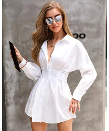 Kadın Pamuk Polyester Kumaş Belden Pileli Gömlek Elbise