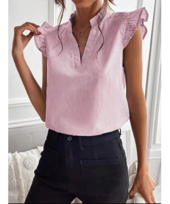 Kadın Pamuk Polyester Kumaş V Yaka Omuzu Fırfırlı Bluz