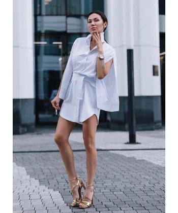 Kadın PamukPolyester Kumaş, Kolları Patlı, Beli Kuşaklı Tasarım Gömlek Elbise