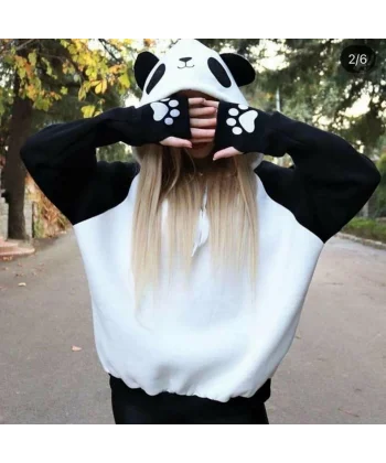 Kadın Panda üç Iplik Kumaş Kapüşonlu Polar Sweat 65 Cm