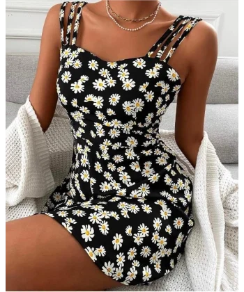 Kadın Papatya Desen Mikro Kumaş Askılı Elbise