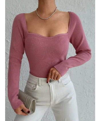 Kadın Pembe Dekolteli Kare Yaka Triko Bluz
