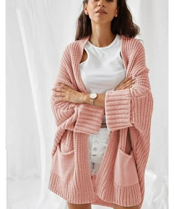 Kadın Pembe Oversize Kalıp Cepli Salaş Triko Hırka 7009