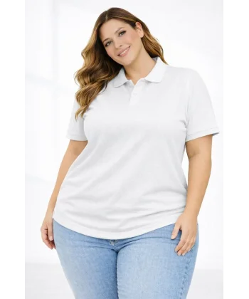 Kadın Pike Kumaş Düğmeli Yaka Battal Büyük Beden Günlük Kısa kol Tişört T-shirt - Beyaz