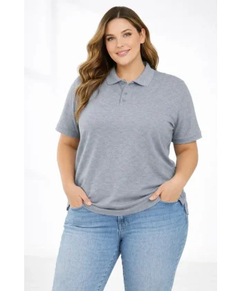 Kadın Pike Kumaş Düğmeli Yaka Battal Büyük Beden Günlük Kısa kol Tişört T-shirt - Gri