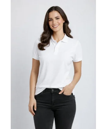 Kadın Pike Kumaş Düğmeli Yaka Regular Rahat Günlük Kısa kol Tişört T-shirt - Beyaz