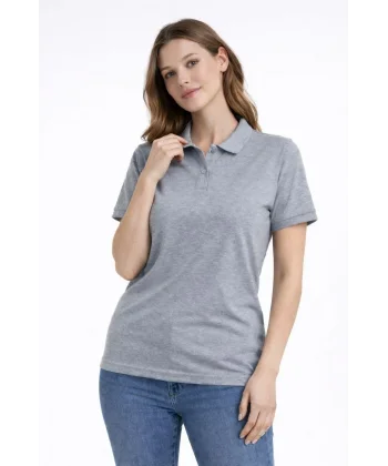 Kadın Pike Kumaş Düğmeli Yaka Regular Rahat Günlük Kısa kol Tişört T-shirt - Gri