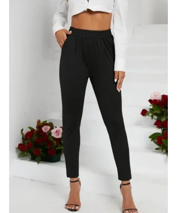 Kadın Pile Detay Beli Lastikli Günlük Slim Fit Viskon Iki Iplik Pantolon