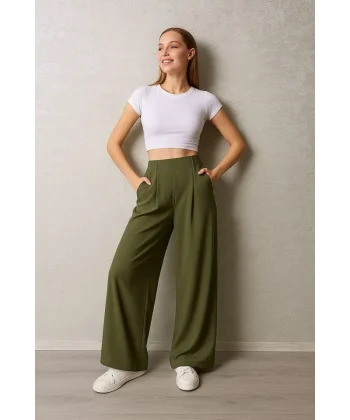 Kadın Pileli Gizli Cep Detay Salaş Pantolon