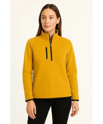 Kadın Polar Kazak – Dik Yaka, Yarım Fermuarlı, Fermuarlı Göğüs Cepli, Siyah Biyeli, Kışlık Rahat Regular Fit Günlük Model - Sarı