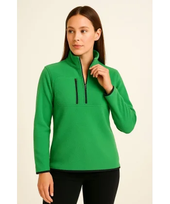 Kadın Polar Kazak – Dik Yaka, Yarım Fermuarlı, Fermuarlı Göğüs Cepli, Siyah Biyeli, Kışlık Rahat Regular Fit Günlük Model - Yeşil