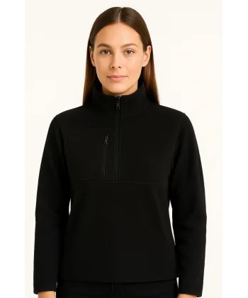 Kadın Polar Kazak – Dik Yaka, Yarım Fermuarlı, Fermuarlı Göğüs Cepli, Siyah Biyeli, Kışlık Rahat Regular Fit Günlük Model - Siyah