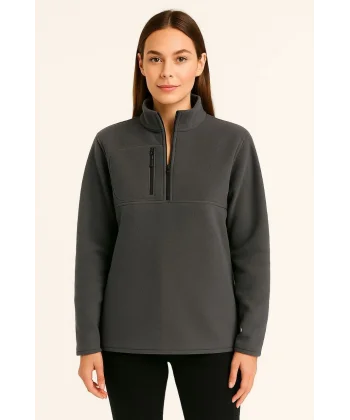 Kadın Polar Kazak – Dik Yaka, Yarım Fermuarlı, Fermuarlı Göğüs Cepli, Siyah Biyeli, Kışlık Rahat Regular Fit Günlük Model - Füme