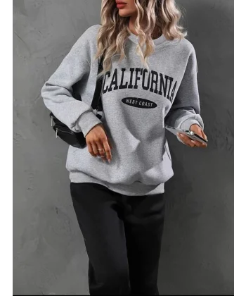 Kadın Polarlı Üç İplik Kumaş, California Yazılı Bisiklet Yaka İkili Takım