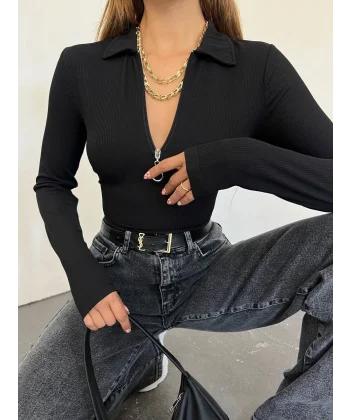 Kadın Polo Yaka Yakası Fermuarlı Burgu Kumaş Bluz