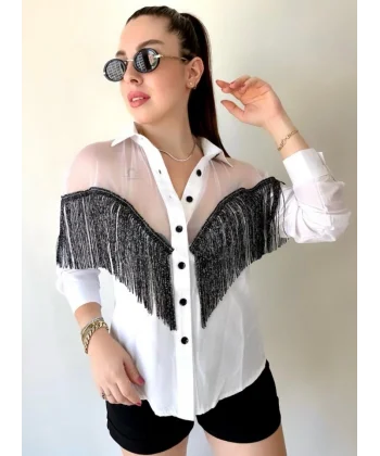 Kadın Püskül Detay Poplin Gömlek Bluz Fırsat Ürün