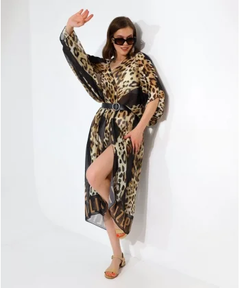 Kadın Rahat Kesim Şifon Kimono - Leopar