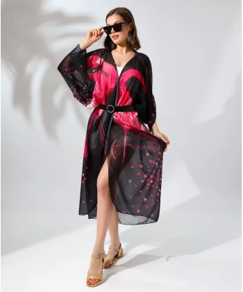 Kadın Rahat Kesim Şifon Kimono - Siyah