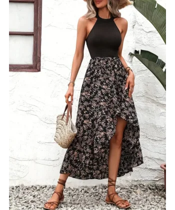 Kadın Reglan Kol Daire Yaka üst Viskon Alt Süprem Desenli Midi Elbise