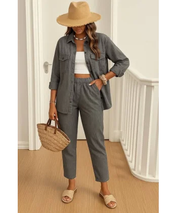 Kadın Salaş Gömlek Ve Yüksek Bel Kısa Paça Pantolon Ikili Takım