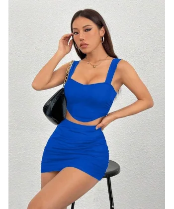 Kadın Sandy Kumaş Kalın Askılı Crop Ve Büzgülü Etek Takım