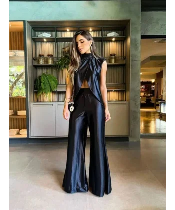 Kadın Saten Kumaş Düğmeli Ikili Takım