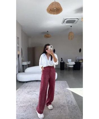 Kadın Saten Kumaş Leopar Desenli Pantolon