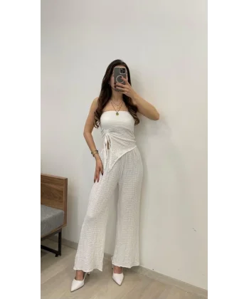 Kadın Sendy Kumaş Bağcık Detaylı Asimetrik Takım