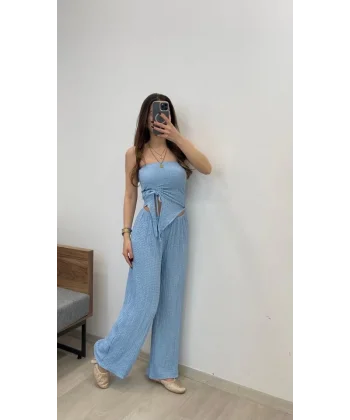 Kadın Sendy Kumaş Bağcık Detaylı Asimetrik Takım