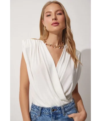 Kadın Sendy Kumaş Kruvaze Yaka Vatkalı Bluz