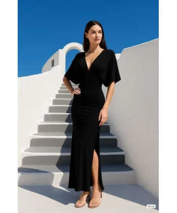 Kadın Sendy Kumaş Yırtmaç Detaylı V Yaka Elbise