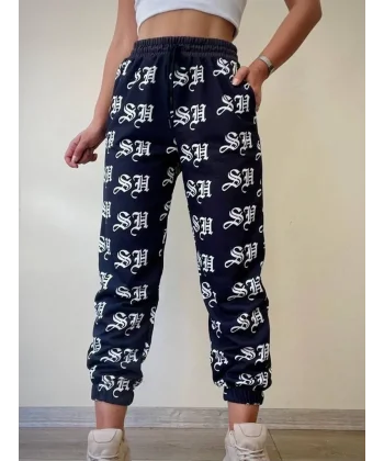 Kadın Sh Dijital Baskılı Bağcıklı Eşofman Altı - Siyah