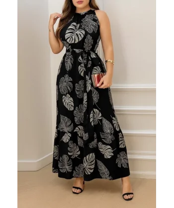 Kadın Sıfır Kok Bağcıklı Kemerli Etek Ucu Fırfırlı Desenli Süprem Elbise