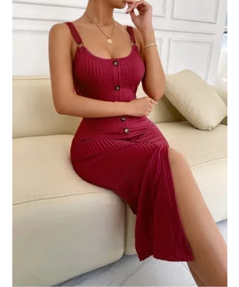 Kadın Sıfır Kol Askı Halka Detay önü Düğmeli Midi Boy Yırtmaçlı Fitilli Kaşkorse Elbise