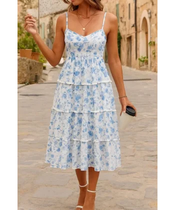 Kadın Sıfır Kol Askılı Dekolteli Yırtmaç Detay çiçek Baskılı Süprem Midi Elbise