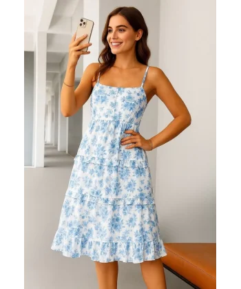 Kadın Sıfır Kol Askılı Dekolteli Yırtmaç Detay çiçek Baskılı Süprem Midi Elbise