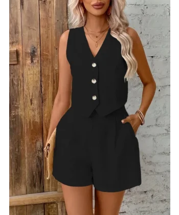 Kadın Sıfır Kol Askılı V Yakalı önden Düğmeli Ithal Keten Ceket Ve Short Ikili Takım